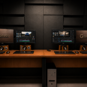Estudio de edición audiovisual de Glomeco con monitores mostrando Adobe Premiere Pro y branding corporativo en una sala oscura con paneles acústicos y equipos profesionales.