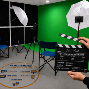 Plató profesional con croma verde, cámara de grabación, focos de iluminación y claqueta de acción personalizada de Glomeco en primer plano.