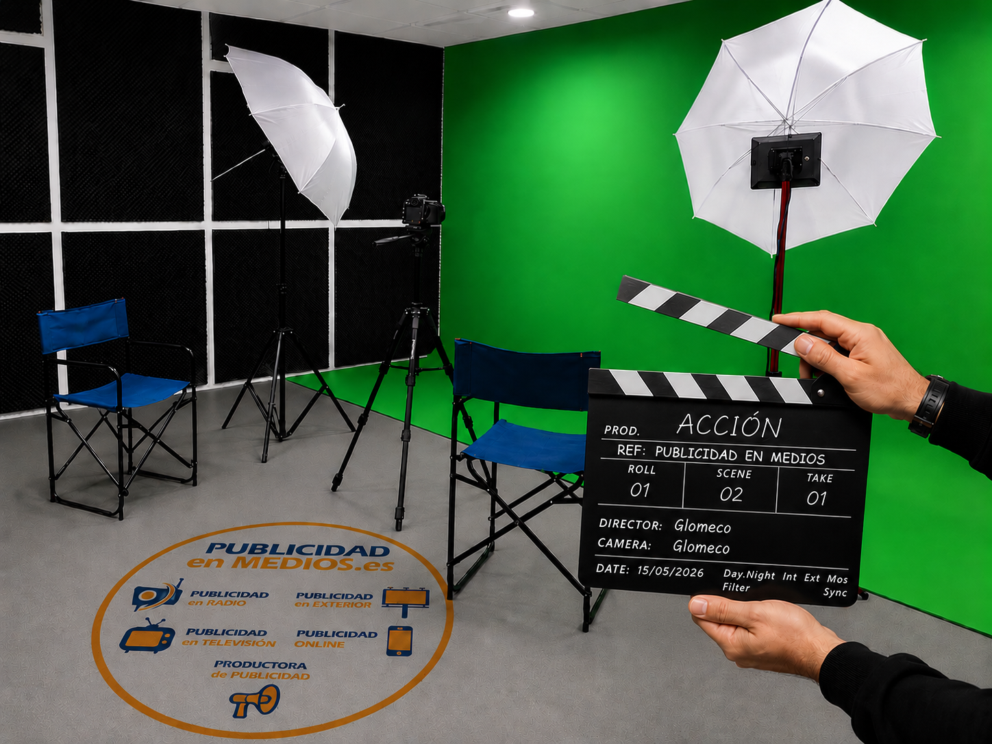 Plató profesional con croma verde, cámara de grabación, focos de iluminación y claqueta de acción personalizada de Glomeco en primer plano.