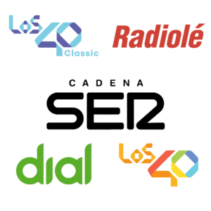 Composición de logotipos de emisoras españolas sobre fondo gris claro, incluyendo LOS40 Classic, Radiolé, Cadena SER, Cadena Dial y LOS40.