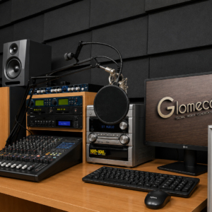 Estudio profesional de radio y producción audiovisual de Glomeco con mesa de sonido, micrófono de estudio, monitor corporativo y paneles acústicos negros.