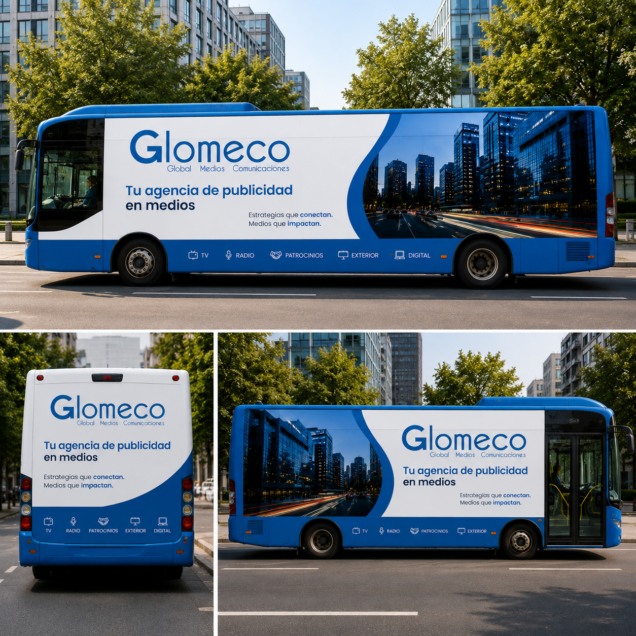 Montaje de un autobús urbano con publicidad integral de Glomeco en los laterales y la parte trasera, utilizando diseño corporativo azul y blanco en un entorno urbano moderno.