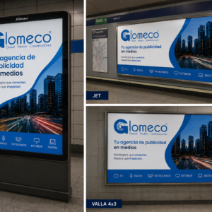 Publicidad en metro. Montaje publicitario de Glomeco en una estación de metro con formatos mupi digital, jet y valla 4x3 utilizando diseño corporativo azul y blanco.