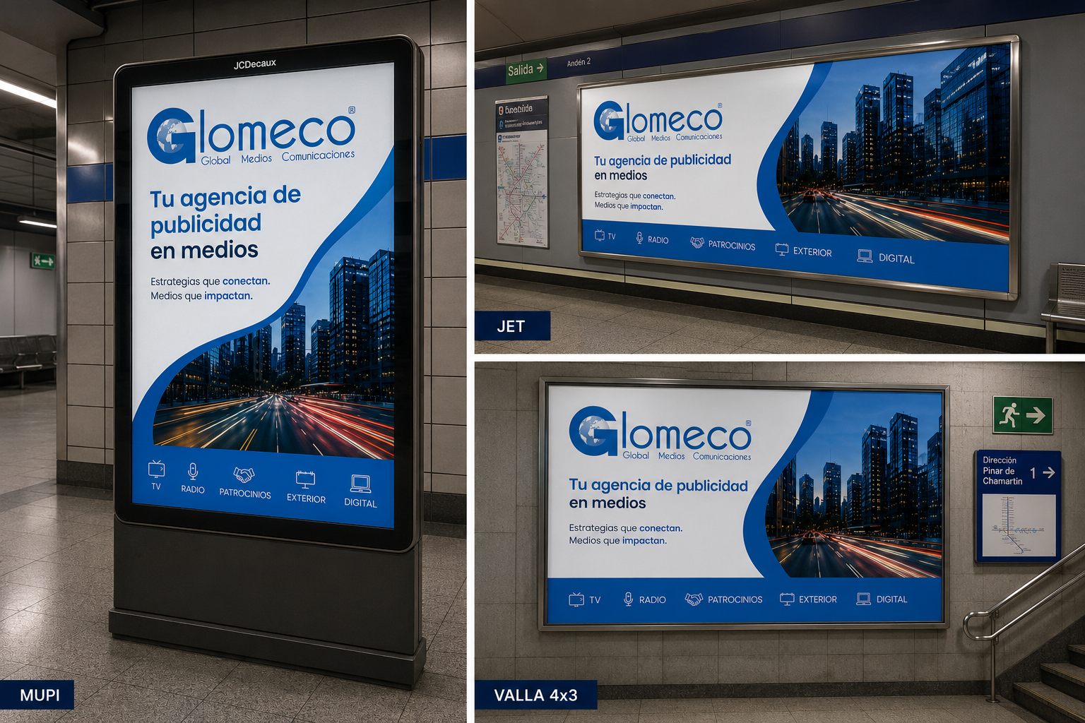 Publicidad en metro. Montaje publicitario de Glomeco en una estación de metro con formatos mupi digital, jet y valla 4x3 utilizando diseño corporativo azul y blanco.
