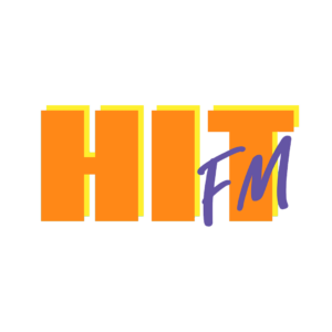 Logotipo de HIT FM en colores naranja, amarillo y morado sobre fondo gris claro, con diseño tipográfico llamativo.