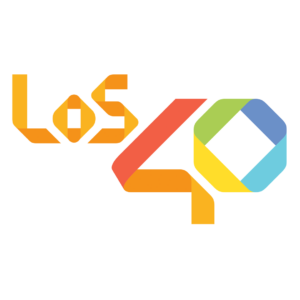 Logotipo de LOS40 con diseño multicolor sobre fondo gris claro, formado por formas geométricas estilizadas.