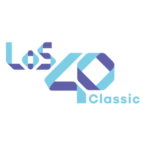 Logotipo de LOS40 Classic en tonos azul claro y morado sobre fondo gris claro, con diseño geométrico moderno.