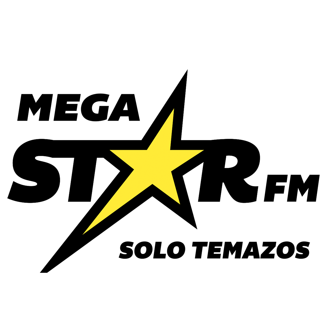 Logotipo de MegaStar FM en negro y amarillo sobre fondo gris claro, con una gran estrella central y el lema “Solo Temazos”.