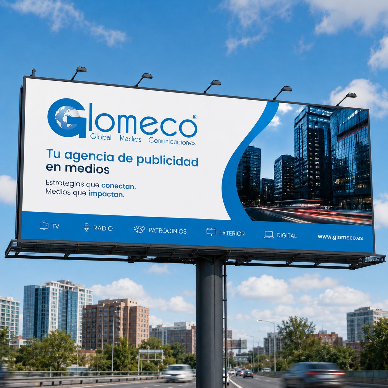 Valla publicitaria 3x8 de Glomeco instalada sobre una carretera urbana con diseño corporativo azul y blanco anunciando servicios de publicidad en TV, radio, exterior, digital y patrocinios.