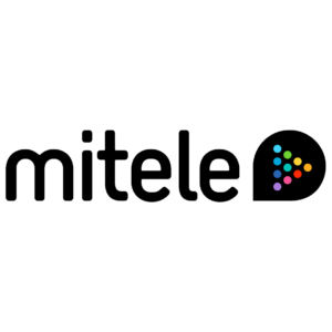 Logo de Mitele con el nombre de la plataforma en color negro y un icono con puntos de colores sobre fondo gris claro.